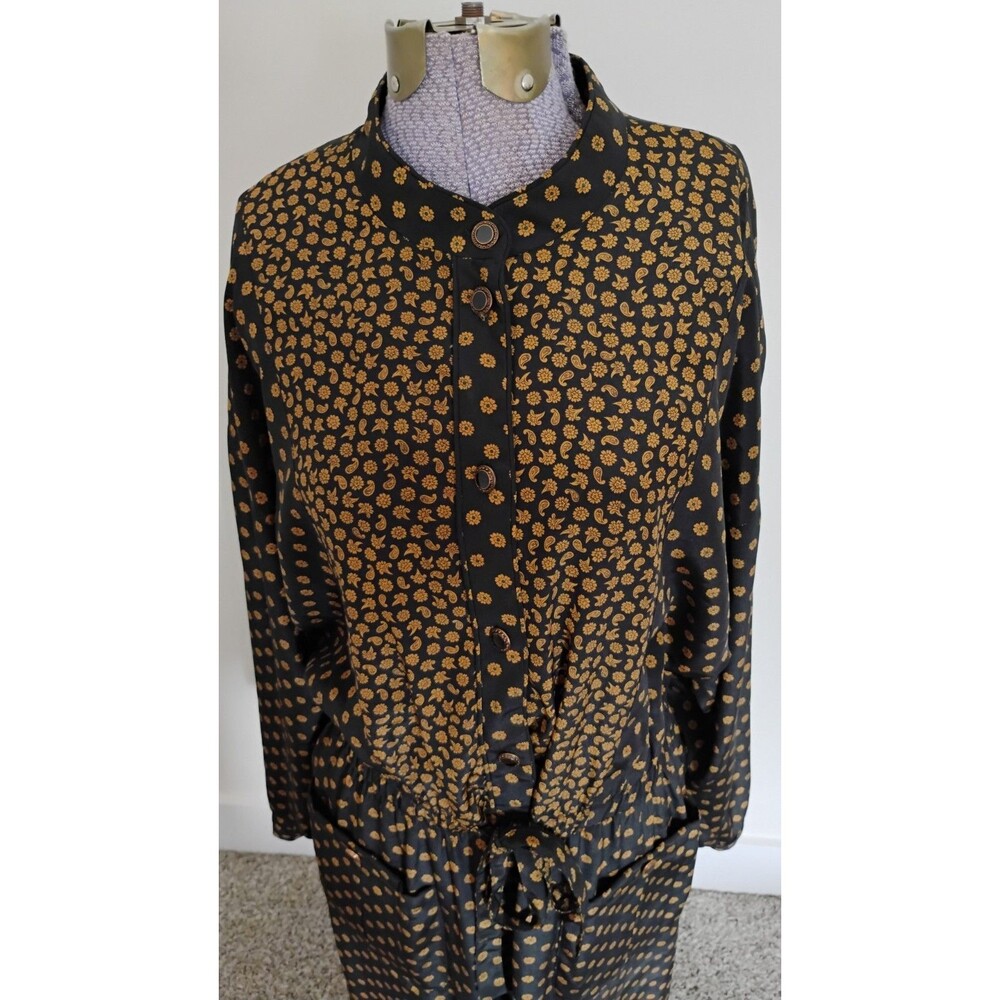 Vtg 80s Leslie Fay Midi Dress Women's Black Brown Paisley Tie Front Secretary 14 - Picture 2 of 15